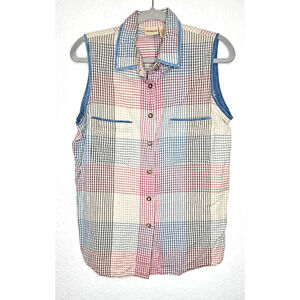 Vintage Crossroads Women Top Large Blue Check Sleeveless Button Up Shirt 80s 90s
